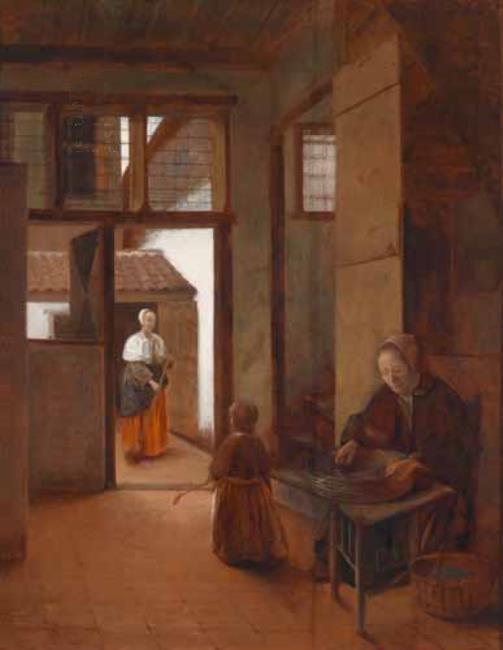 Interior with a Woman and Child and through doorway a Maid sweeping ca. 1655–1656