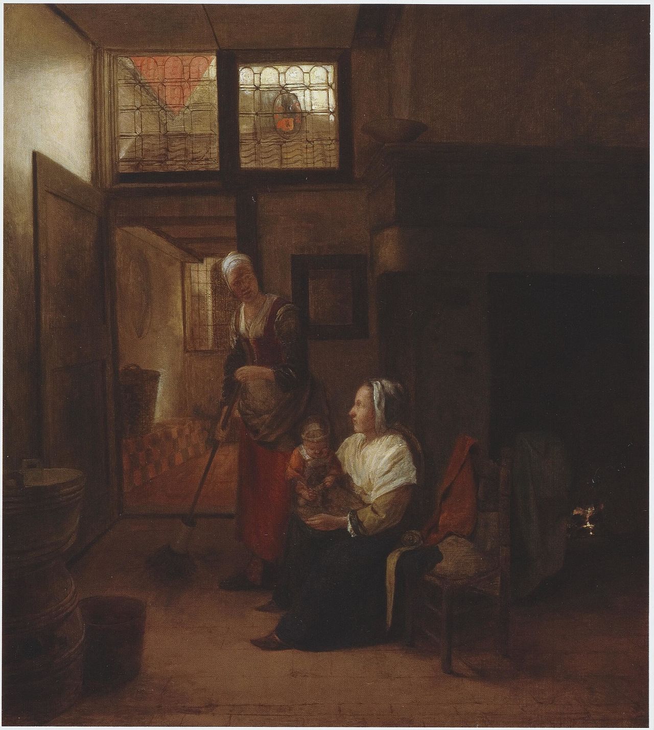 Pieter de Hooch - Interior with mother and child and a maid sweeping ca. 1655-1657